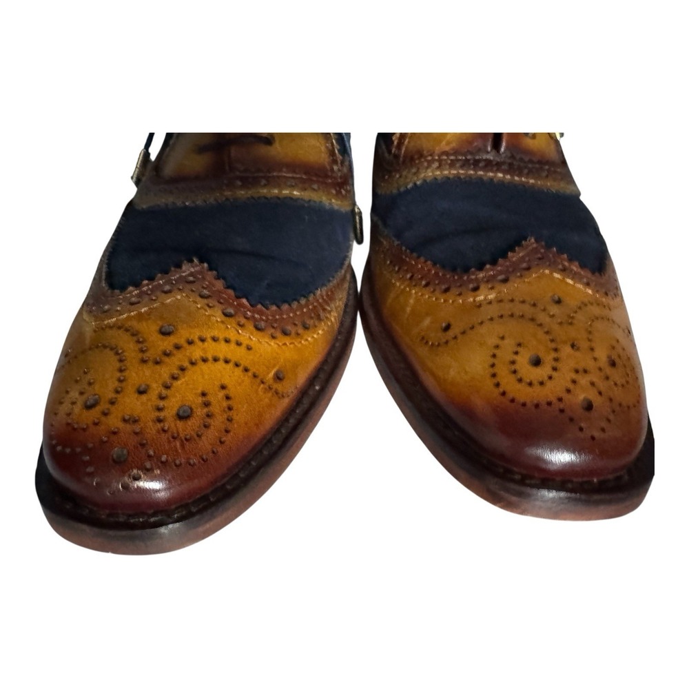 Lethato Wing Tip Oxford Brogue Shoes Men 9.5/10 Brown Navy Leather Lace Up - Picture 4 of 11